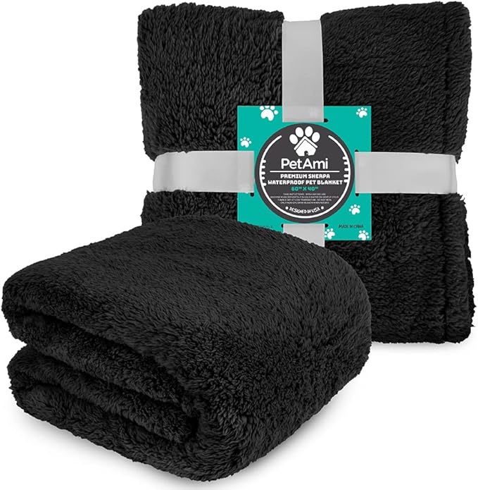 PetAmi Fluffy Waterproof Dog Blanket for Couch and Bed, Reversible Sherpa Pet Throw, Pee Proof Furniture Protector Sofa Cover, Washable Cat Blanket for Medium Large Dogs and Cats (Black, 40x60)
