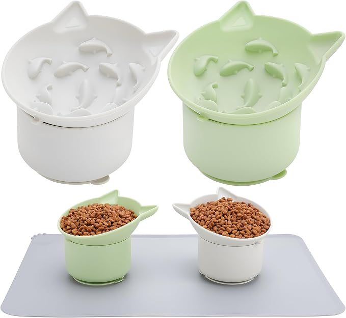 2 Pack Slow Feeder Cat Bowls Silicone Tilted Raised Pet Bowl with Non Slip Base for Digestion Anti Vomit, Gray, Green