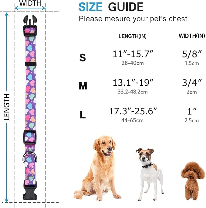 Girl Dog Collars Spring Cute Heart Pattern Lovely Print Purple for Medium Dogs