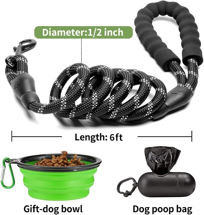 COOYOO 2 Pack Dog Leash 6 FT Heavy Duty - Comfortable Padded Handle - Reflective Dog Leash for Medium Large Dogs with Collapsible Pet Bowl Set 6-Black+Green
