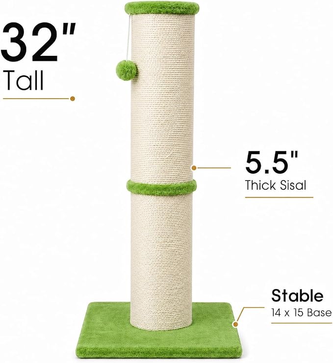 PAWSCRAT Cat Scratching Post 32 Inch High, 5.5 Inch Large Diameter Natural Sisal Cat Scratch Post, Scratch-Resistant and Durable Tall Cat Scratcher for Indoor Cats, Green
