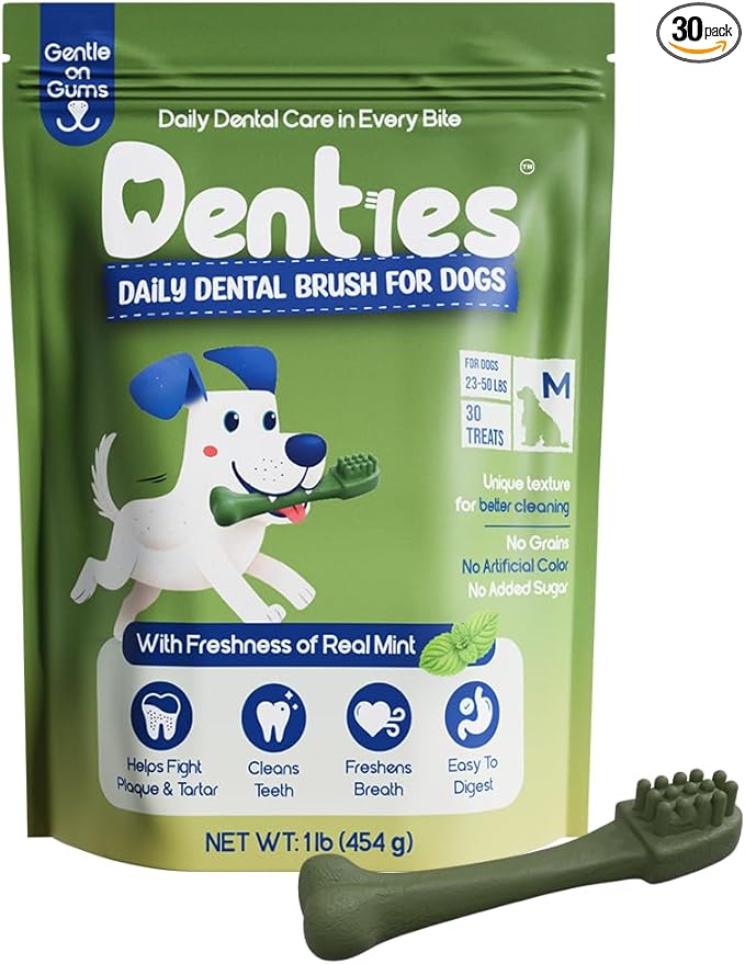 Dental Chews for Dogs–Vet Recommended Dental Dog Treats for Regular/Medium Dogs(23 to 50 lbs),Cleans Teeth, Freshens Breath,Reduce Plaque,Mint Chicken & Beef Recipe,16 oz Pack,30 Count