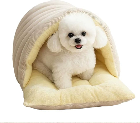 Winter Cave, Cozy Covered Dog Bed with Removable Washable Cover, Enclosed Plush Warmth for Small Large Dogs Cats, Calming Security Pet Den for Indoor Outdoor Use,Beige,M