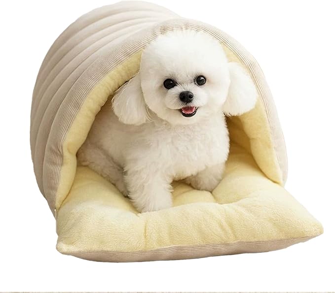 Winter Cave, Cozy Covered Dog Bed with Removable Washable Cover, Enclosed Plush Warmth for Small Large Dogs Cats, Calming Security Pet Den for Indoor Outdoor Use,Beige,L