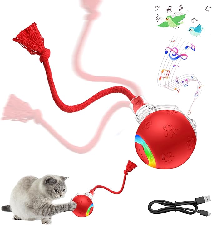 Interactive Cat Toy Ball with Red Tassel Tail, 3 Speed Modes Motion Activated Automatic Rolling Ball with Sound On/Off, USB Rechargeable Durable Toys for Cats & Kittens, Indoor Small Dogs