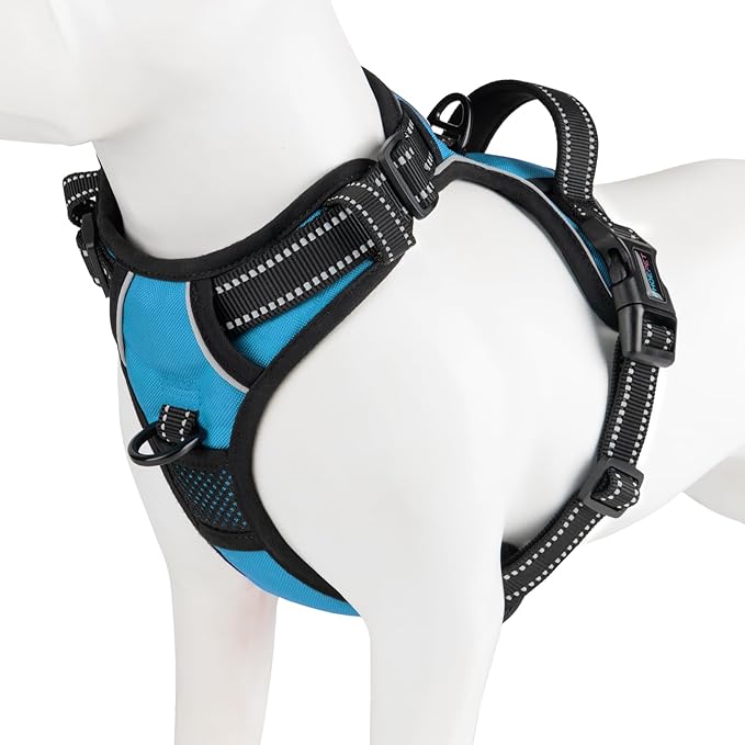 PHOEPET Reflective Dog Harness No Pull Large Breed Vest with 2 Metal Leash Attachment Hooks(XL, Blue)