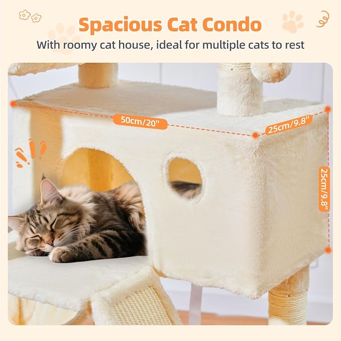 Taoqimiao Cat Tree 57.5-Inch, Cat Tower for Indoor Cats Large Adult, Extra Large Cat Condo, 8 Sisal Scratching Posts, Metal Frame Cozy Hammock, Durable Scratch Board, 2 Top Perches, Beige MS026M