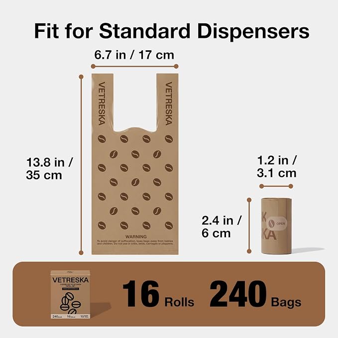 VETRESKA Dog Poop Bags with Handles 240 Count, Coffee Scented Waste Bags, Leak-Proof Thick Dog Bags for Poop, Easy-Tie Large Poop Bags, 16 Refill Rolls for Dog Walking Cat Litter