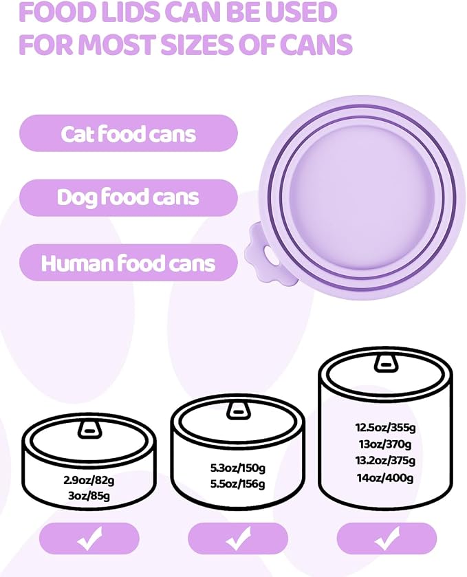 5 PCS Cat Food Can Covers Lids Set, Silicone Pet Food Can Lids with Multi-Function Cat Food Spoon and Opener, Cat Bar Squeezer, Stainless Steel Wet Food Spoon for Cats and Dogs (Purple)