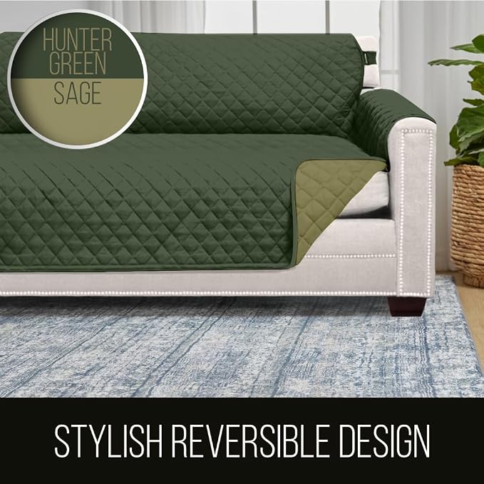Sofa Shield® Couch Slip Covers for Dogs, Reversible Furniture Protector with Strap, Stain and Tear Resistant Cushion Cover, 88 inch Seat, Machine Washable Slipcover Pets, Cats, Hunter Green Sage