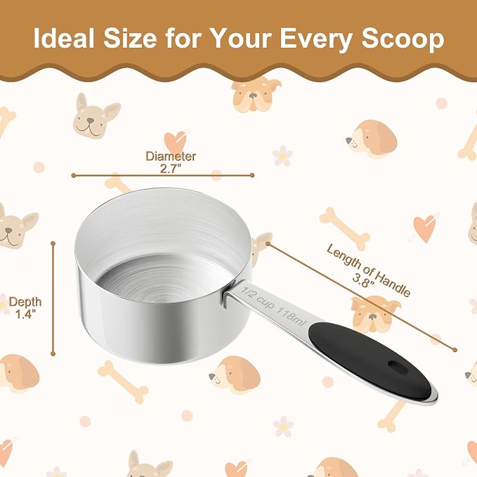 LEIFENY 1/2 Cup Dog Food Scoop, Stainless Steel Scooper for Feeding Pet, Cat, Dog, Rabbit, Bird, Long Handle, Dishwasher Safe