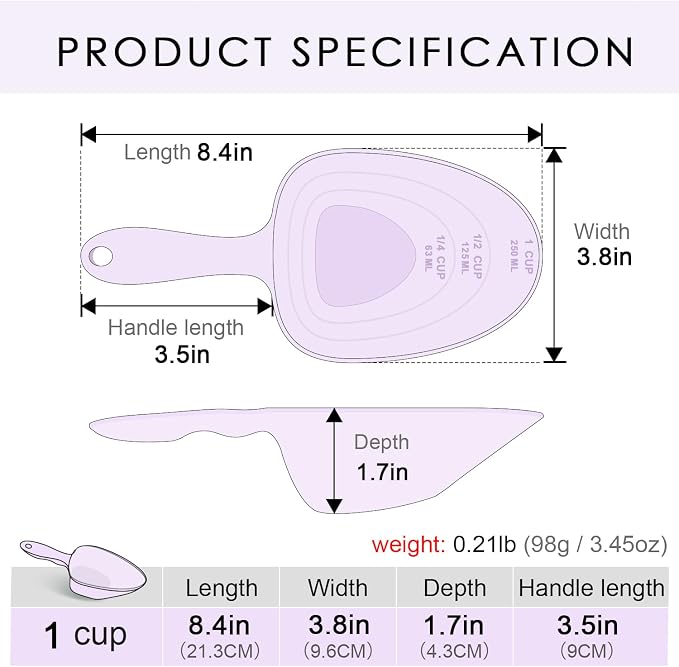 Melamine Pet Food Measuring Scoop, 1 Cup 1/2 Cup 1/4 Cup with Clear Measurement Lines for Dog, Cat, Bird, and Rabbit, Durable, Ergonomic Handle, Dishwasher safe-Purple