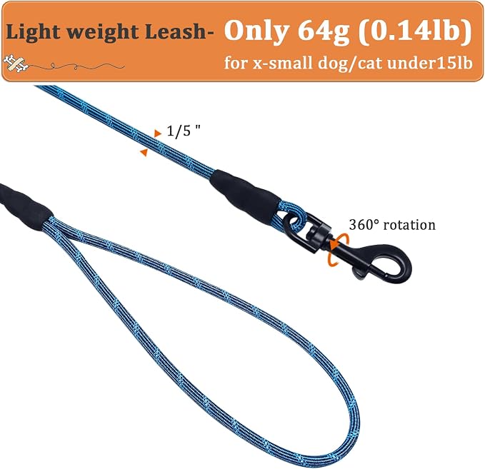WYuZe Reflective X-Small Dog Leash 6/10/15 FT, Thin 1/5" Lightweight Rope Leash for Puppy Training, Walking Leads for Cats Chihuahua Maltese Small Pets Up to 15lb, (10FT, Blue)
