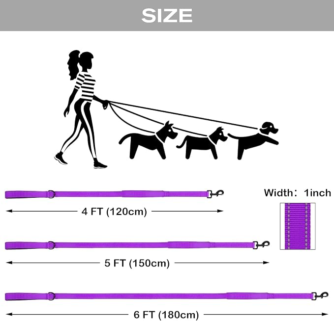 Joytale Dog Leash Heavy Duty for Large Dogs that Pull, Double Handle for Traffic Control, Double-Sided Reflective Leashes for Large Medium Dogs Night Safety, 6FT, Purple