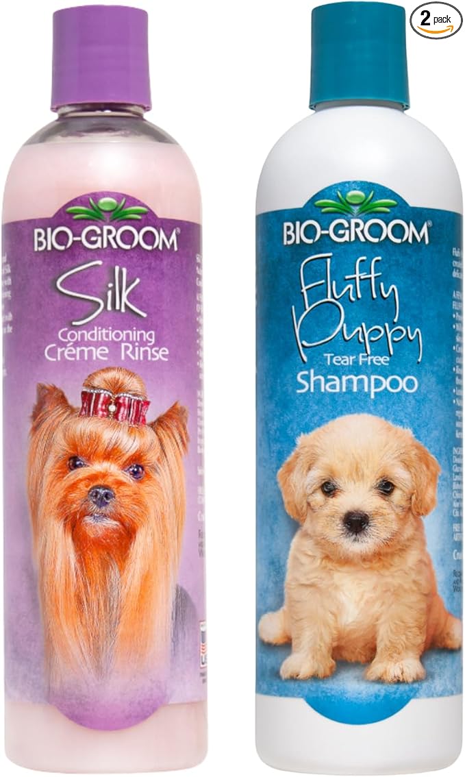 Bio-Groom Dog Shampoo and Conditioner Set - Tearless Shampoo for Dogs, Puppies & Cats, Moisturizing Conditioner for Dry Skin - Silk Conditioning Creme Rinse & Tear Free Shampoo, 12 Fl Oz Each (1 Set)