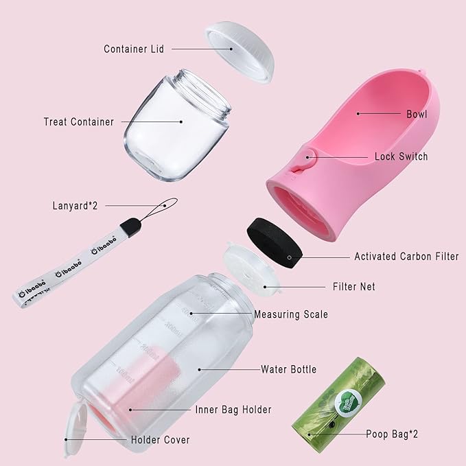 Cibaabo Dog Water Bottle with Food Container & Poop Bag Holder, Travel Water Bowl, Portable Pet Dispenser, Girl Dog Accessories Stuff Items Essentials Gift for Yorkie Chihuahua Walking Hiking