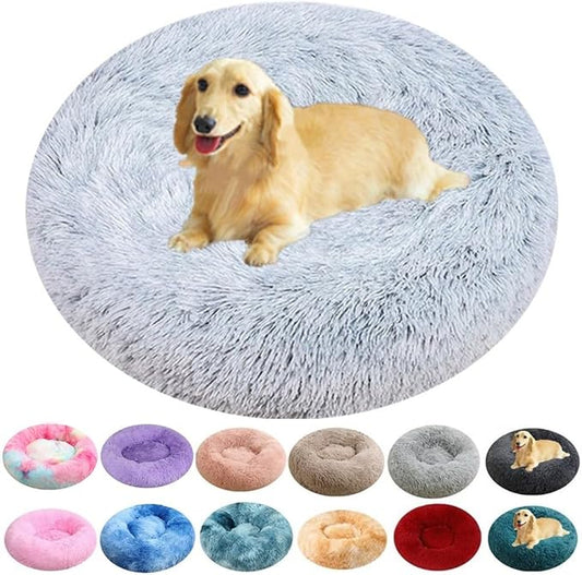 Dog & Cat Bed, 27 Inch Cat Beds for Indoor Cats, Calming Donut Bed for Small Medium Dogs and Cats, Anti-Anxiety Plush Faux Fur Large Cat Beds Washable, Grey White