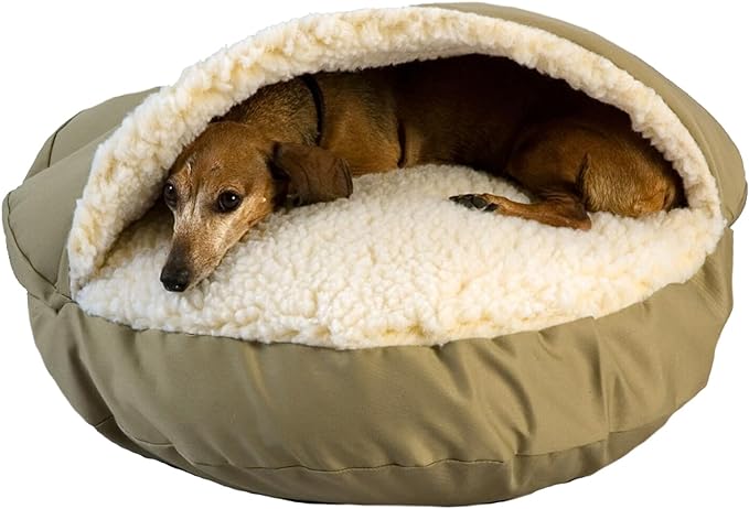 Snoozer Cozy Cave Dog Bed - Indoor Dog Bed with Cover Cave, Covered Calming Burrow for Small Sized Pets with Blanket Attached, Enclosed, Removable Washable Cover - Small, Khaki