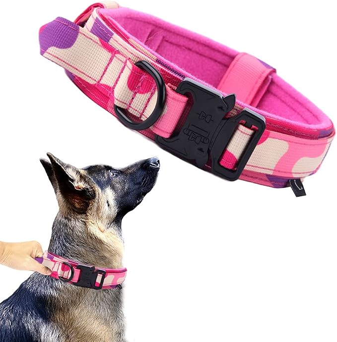 Tactical Dog Collar Adjustable Military Nylon Dog Collar with Control Handle and Heavy Duty Metal Buckle for Medium and Large Dogs (Pink Camo,XL)
