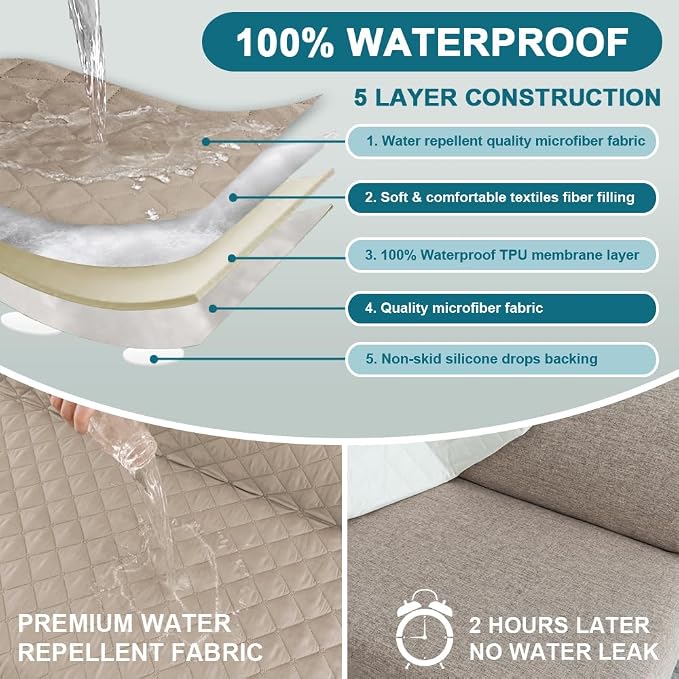 Turquoize 100% Waterproof Futon Cover Futon Slipcover Washable Armless Sofa Bed Slipcover Protector Seat Width Up to 70" with Adjustable Elastic Strap Anti-Slip for Dogs, Khaki