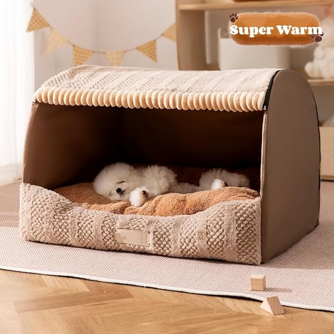 Large Dog House Indoor, Foldable Pet House Bed with Removable Plush Cushion, Warm Covered Dog Cave Nest Bed for Small Medium Extra Large Dogs (Brown, Medium)