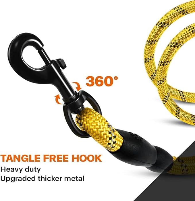Taglory Rope Dog Leash 4 FT with Comfortable Padded Handle, Highly Reflective Threads Leash and Anti-Tangle Clip for Walking Medium Large Dogs, 1/2 inch, Yellow