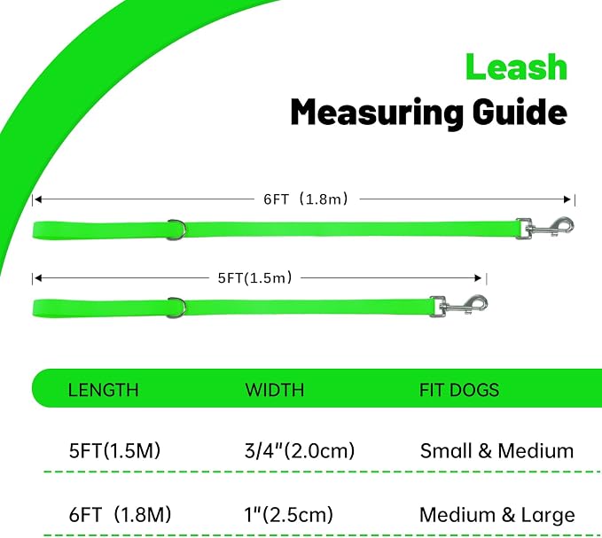 Waterproof Dog Leash, 5/6 FT Durable Odor-Proof Dog Leashes with Strong Metal Hooks Fits Small Medium or Large Dogs (Green, 5FT - 3/4 inch Width)