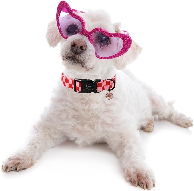 Red and Pink Plaid Dog Collarwith Bow Tie– Adjustable Red & Pink Checkered Dog Collar for Small Medium Large Dogs, Soft Xmas Plaid Puppy Collars with Quick Release Buckle S