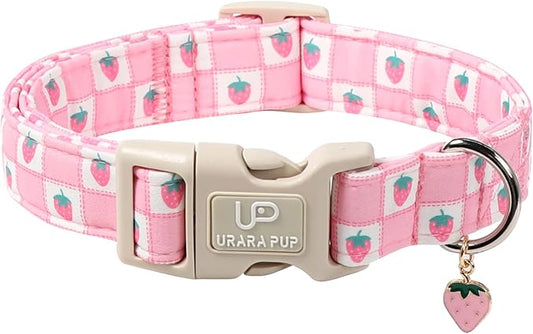 Spring Dog Collar, UP URARA PUP Strawberry Collars in Pink Checkered Adjustable Pet Collar with Quick Release, Daily Dog Accessories for Small Medium Large Dogs