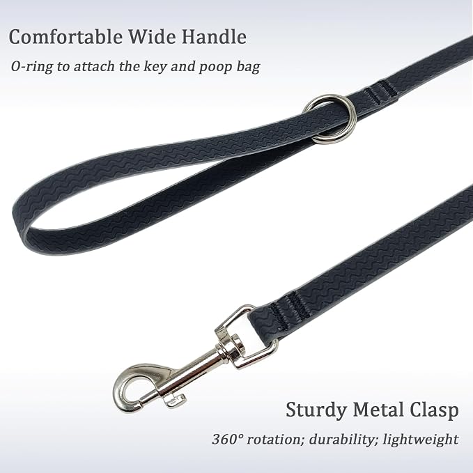 WYuZe Waterproof Dog Leash 7FT 12FT, Odor-Proof Strong Coated Nylon Webbing Easy to Clean, Lightweight Long Leash for Outdoor Walking, Hiking, Beach Playing (7ft, Black)