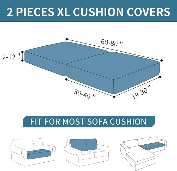 XINEAGE Large Couch Cushion Covers Seat Cushion Cover Thick Stretch Sofa Slipcovers 2 Piece Individual Couch Covers with Elastic Bottom(2 XL Seat Cushion/Backrest,Light Gray)