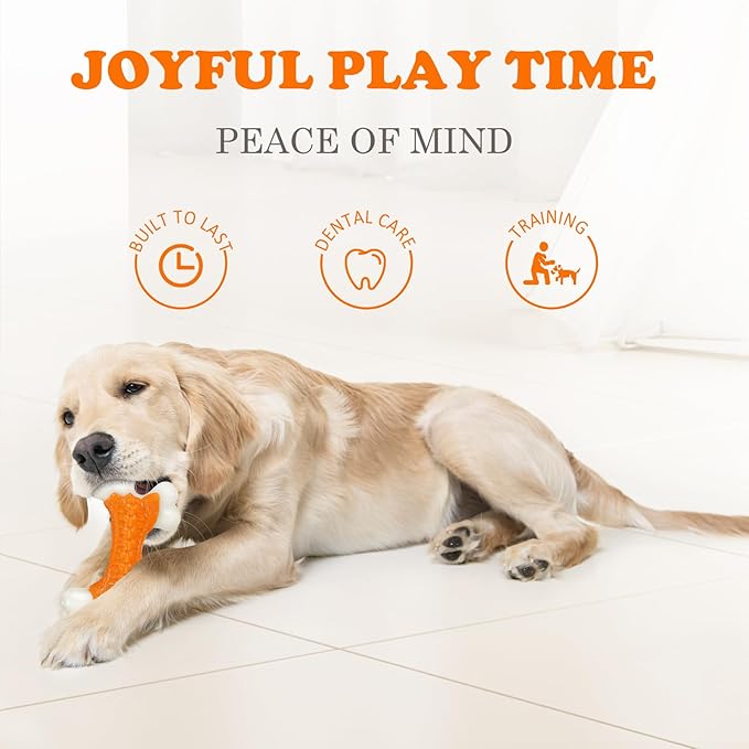Kseroo Indestructible Dog Toys for Aggressive Chewers: Peanut Butter Flavored Hard Nylon Bone Chew Toys, Tough Dog Chew Toys for Large Dogs, Dog Toys to Keep Them Busy for Medium Large Breed, Orange