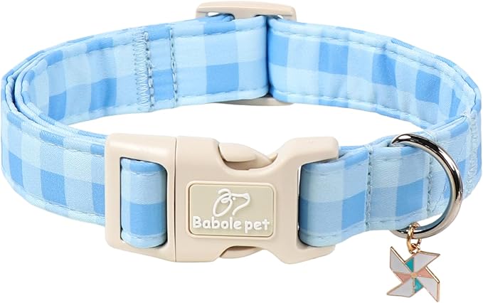 Boy Dog Collar Blue Gingham Dog Collars for Medium Dogs - Lightweight Adjustable Spring/Summer Plaid Male Female Dogs Everyday Collar with Safety Buckle M