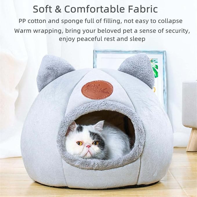 Cat Beds for Indoor Cats, Cozy Cat Cave Bed Dog House Cats Tent with Removable Cushion Pillow, Soft Warm Pet House Puppy Bed, Cute Pet Nest for Kitten Small Dog (Gray, L-14.2x14.2x14.2 Inches)