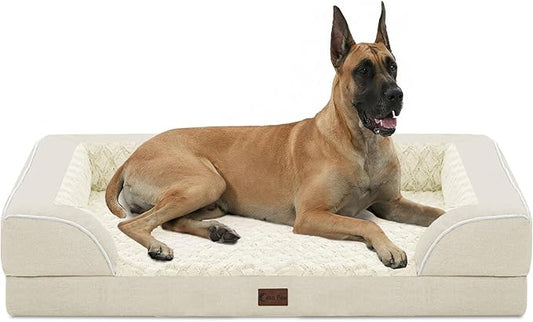 Orthopedic Dog Beds for Extra Large Sized Dogs 53x42 Inch, XXL Waterproof Egg Crate Foam Dog Sofa Bed with Removable Washable Cover Big Pet Couch with Bolster & Non-Slip Bottom, Beige