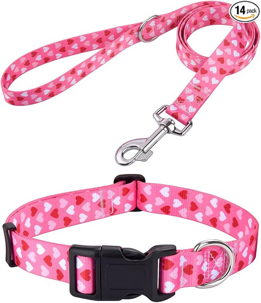Mihqy Dog Collar and Leash Set - Adjustable Heart Dog Collar - Love Theme - Perfect for Small Medium Large Dogs(Pink Heart Set,M)