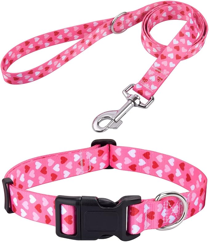 Mihqy Dog Collar and Leash Set - Adjustable Heart Dog Collar - Love Theme - Perfect for Small Medium Large Dogs(Pink Heart Set,L)