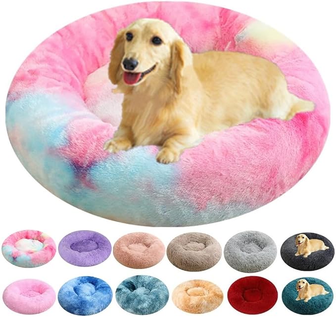 Calming Donut Dog Bed, 47 Inch Round Fluffy Dogs Beds for Extra Large Dogs, Anti-Anxiety Donut Cuddler Cat Bed with Anti-Slip Bottom, Fluffy Faux Fur Washable Pet Beds, Rainbow