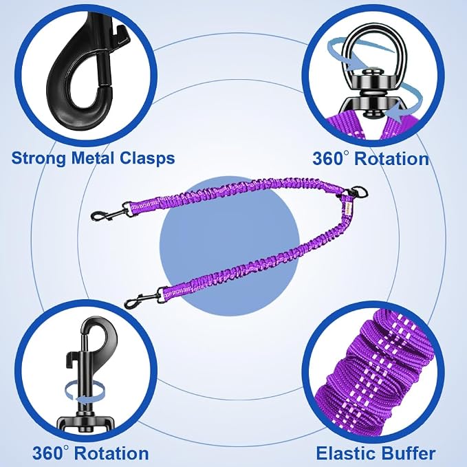 MingXpets Double Dog Leash, Dual Dog Leash, 360° Swivel Tangle Free Bungee Walking Training for Large Medium Dogs, Shock Absorbing Bungee Reflective for Two Dogs, 18~120 lbs, Purple