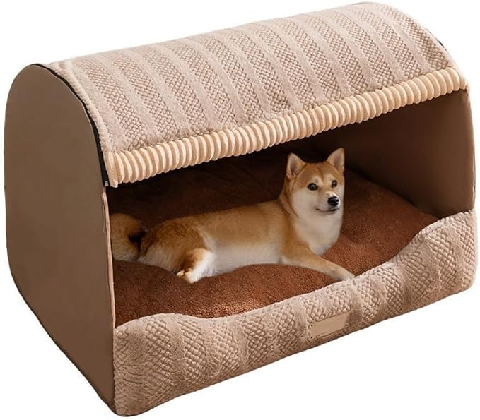 Large Dog House Indoor, Foldable Pet House Bed with Removable Plush Cushion, Warm Covered Dog Cave Nest Bed for Small Medium Extra Large Dogs (Brown, Large)