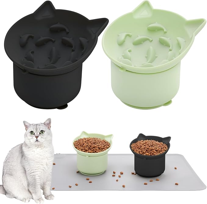 2 Pack Slow Feeder Cat Bowls, Silicone Tilted Raised Pet Bowl with Non Slip Base for Digestion Anti Vomit, Black, Green