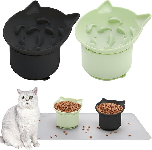 2 Pack Slow Feeder Cat Bowls, Silicone Tilted Raised Pet Bowl with Non Slip Base for Digestion Anti Vomit, Black, Green