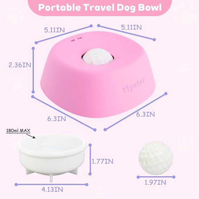 Yipetor Slow Feeder Dog Bowls for Liquid Treat, 【Enrichment Ball-Roll】 Bone Broth Dog Lick Bowl, 3/4 Cup Yogurt Pup Lick Toy for Large Medium Small Breeds Dietary Supplement/Post-op Nutrition (Pink)