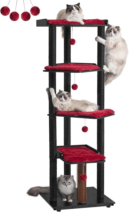 FourFurPets Heavy Duty Cat Tree, 67.7" Cat Tree for Indoor Cats Large Adult, Modern Cat Tower for Large Cats, Cat Tower with Scratching Post, Large Perch and Removable Pads,Black & Red