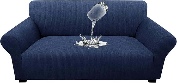 Waterproof Stretch Spandex Loveseat Couch Cover - Non-Slip Soft Sofa Slipcover with Elastic Bottom, Washable Leakproof Furniture Protector for Kids, Pets, Dogs & Cats (Loveseat, Navy)