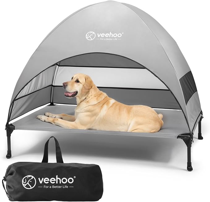 Veehoo Outdoor Dog Bed with Canopy, Portable Elevated Dog Bed with Sun Protection Shade Tent, Removable, Cooling Raised Dog Cot for Camping, Beach, 42 inches, Grey