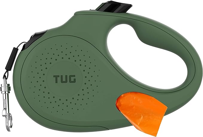 TUG Oval 360° Tangle-Free Retractable Dog Leash with Integrated Waste Bag Dispenser (Medium, Green)