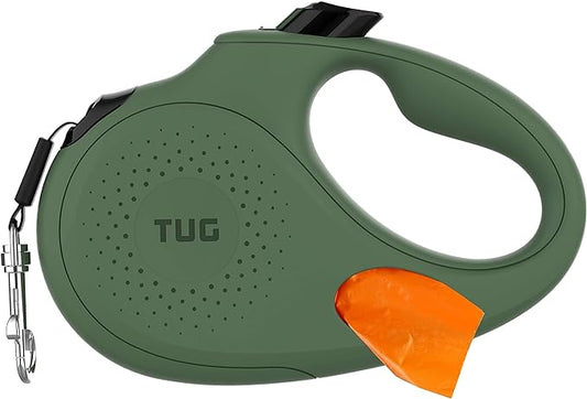 TUG Oval 360° Tangle-Free Retractable Dog Leash with Integrated Waste Bag Dispenser (Medium, Green)