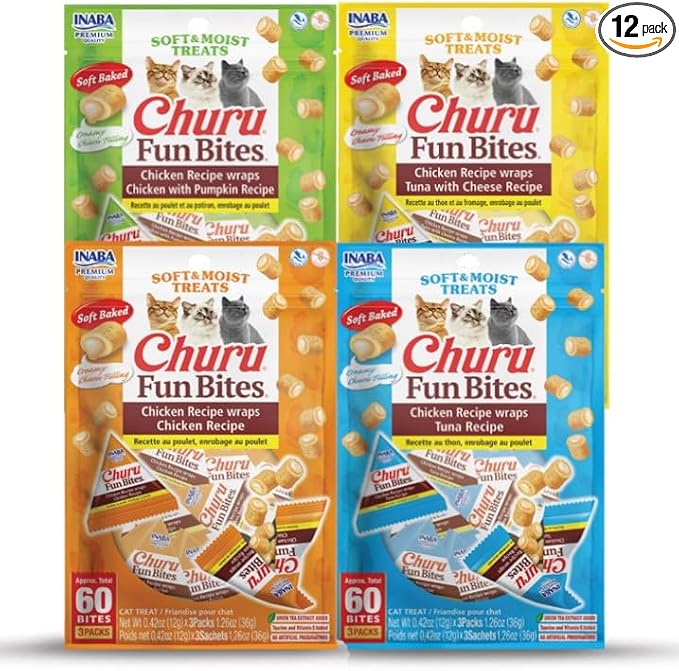 INABA Churu Fun Bites for Cats, Soft & Chewy Baked Chicken Wrapped Filled Cat Treats with Taurine, 0.42 Ounces Each Tetra, 12 Tetras, 4 Flavor Variety Pack
