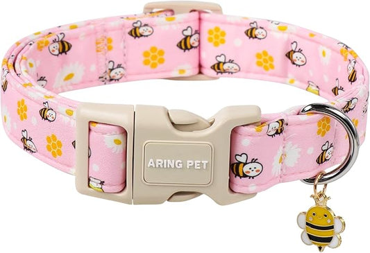 ARING PET Summer Dog Collar, Cute Pink Bee Daisy Floral Pet Collars with Quick Release Buckle for Puppy Small Medium Large Boy Girl Dogs-M